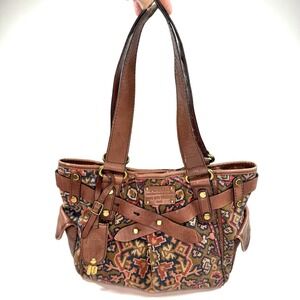 Fossil Tapestry Leather Satchel Bag Boho Carpet Purse Multi Pocket
